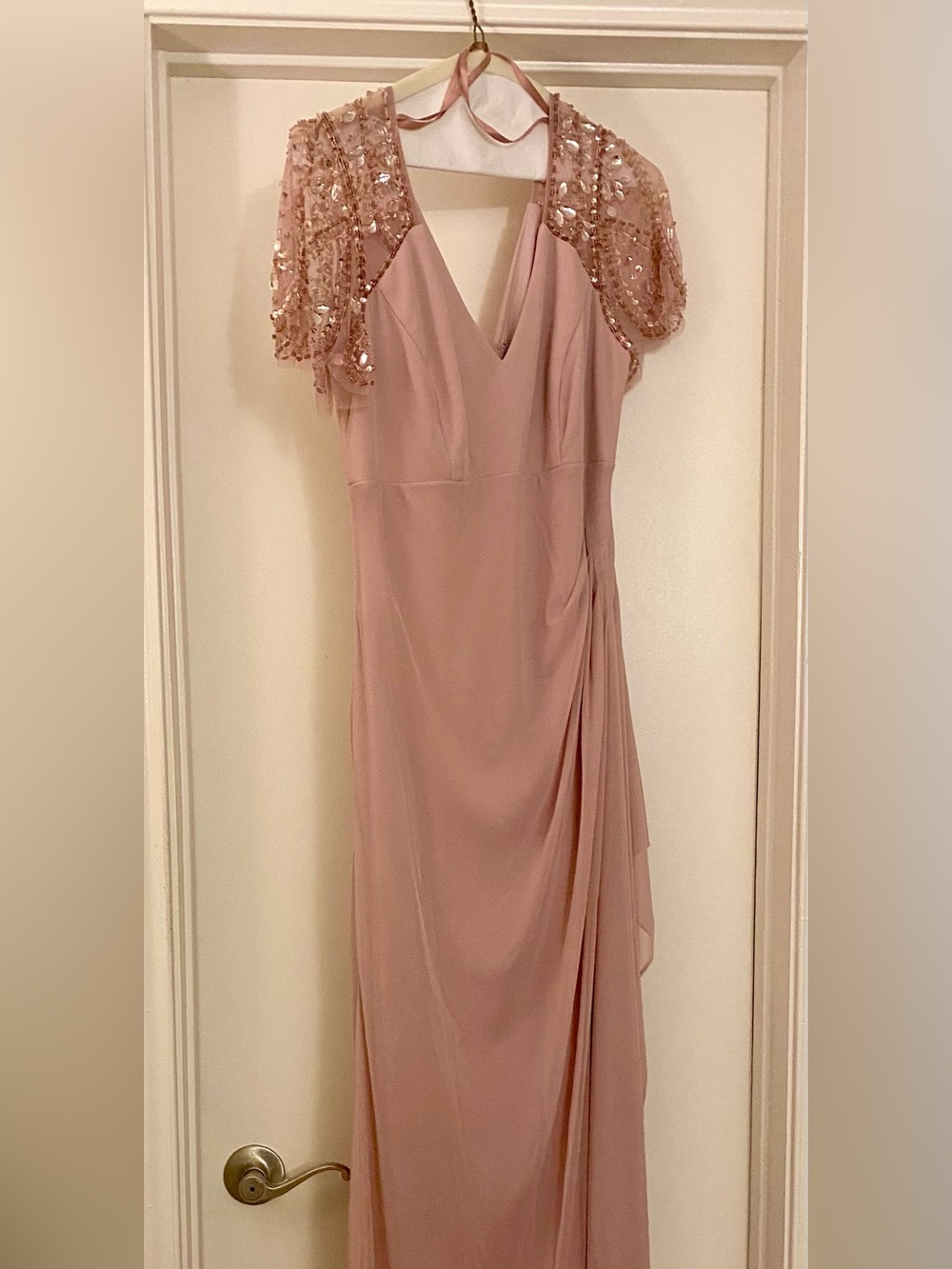 Embellished Cap-Sleeve Maxi Dress in Blush Pink
